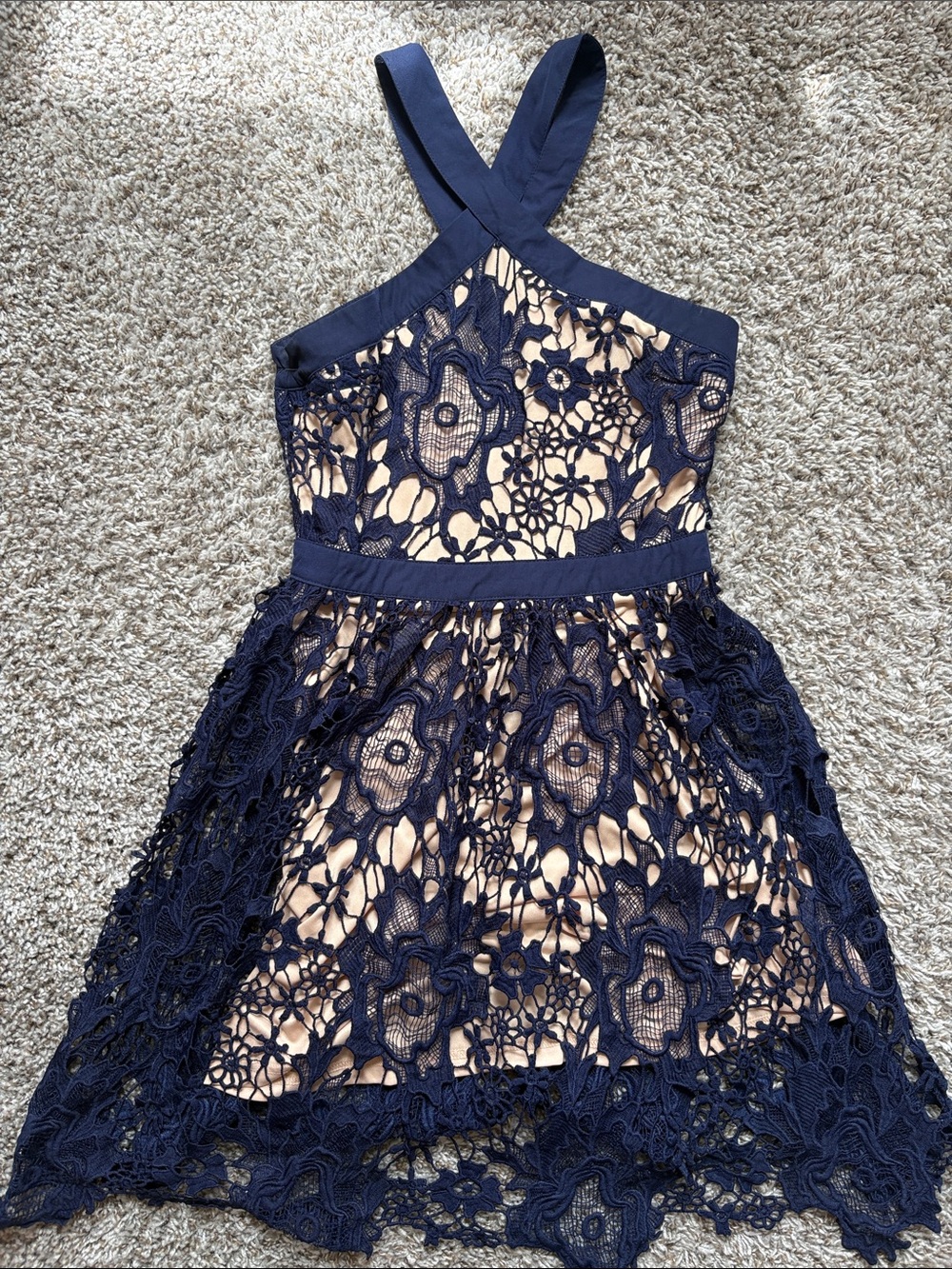 Navy Lace Halter Dress with Nude Underlay
